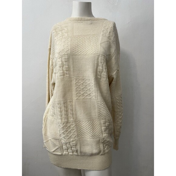 Yessiva Cream Floral Crochet Knit Embroidered Rustic Crew Neck Wool Sweater Med - Picture 3 of 10